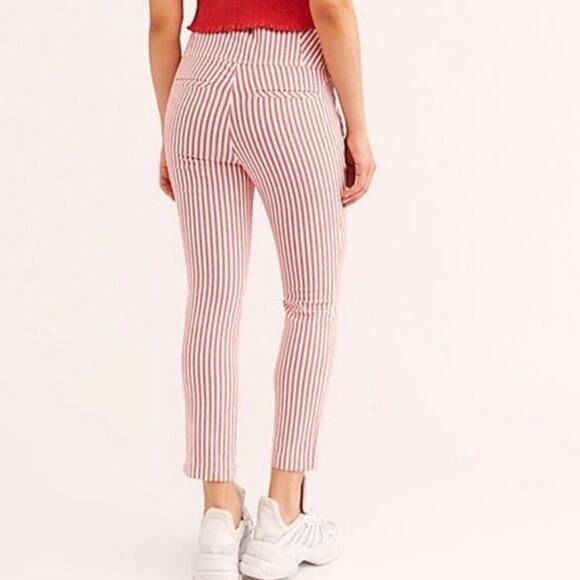Free People Frankie Y2K High Rise Crop Pants 2 Red White Stripe Button Fly Twee - Picture 3 of 15